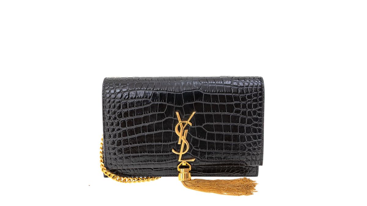 Saint Laurent Kate Medium Chain Wallet with Tassel – Crocodile-Embossed Leather