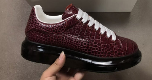 Alexander McQueen Oversized Crocodile-Embossed Leather Sneaker (Burgundy / Black Sole)