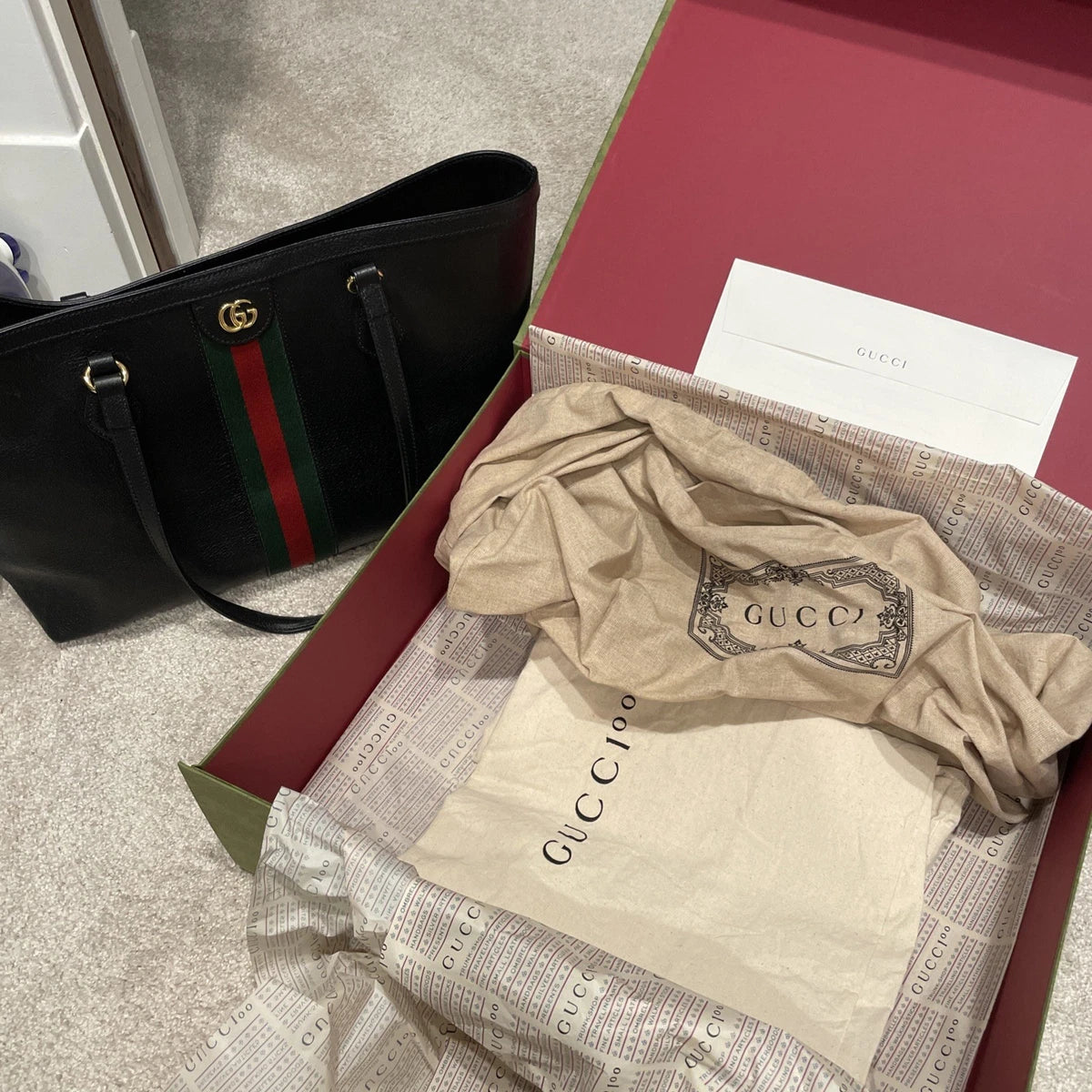Gucci Ophidia Medium Tote Bag – Black Leather with Web Stripe